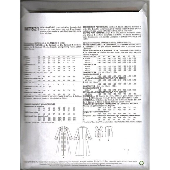 McCalls M7821 Mens Costume Gothic Cosplay Size 38 to 44 Uncut Pattern - Picture 2 of 2